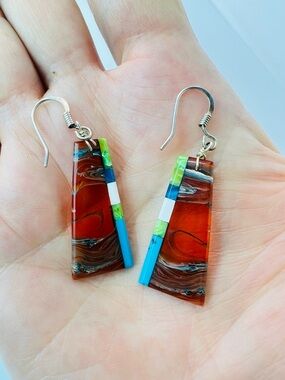 Native American Artisan Earrings Inlay Dangle Southwest Style Multicolor 2”